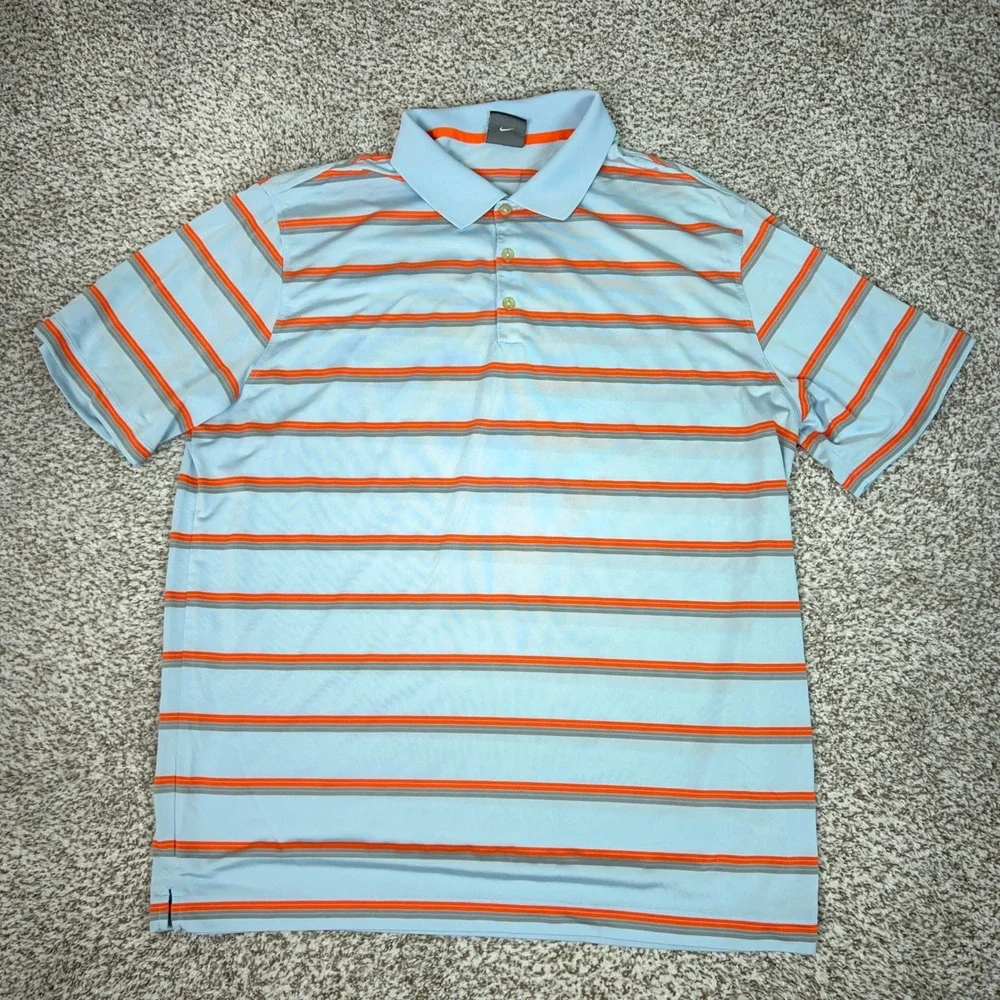 Nike Golf Polo Shirt Mens XXL Blue Orange Striped Dri FIT Tour Performance Logo